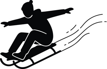 A dynamic black silhouette vector illustration of a person sledding downhill with arms outstretched for balance, accompanied by stylized speed lines to indicate fast motion and winter fun.