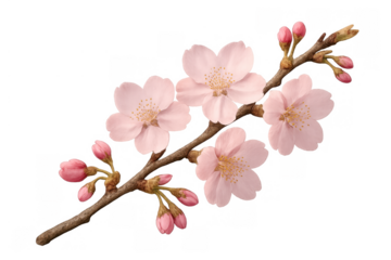 Delicate pink cherry blossoms and unopened buds on a branch symbolizing spring, renewal, and natural beauty with transparent background