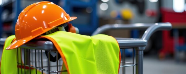 Close-up of professional worker’s equipment with reflective vest warehouse setting industrial environment