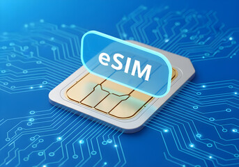Futuristic eSIM card concept with glowing text on blue circuit board background