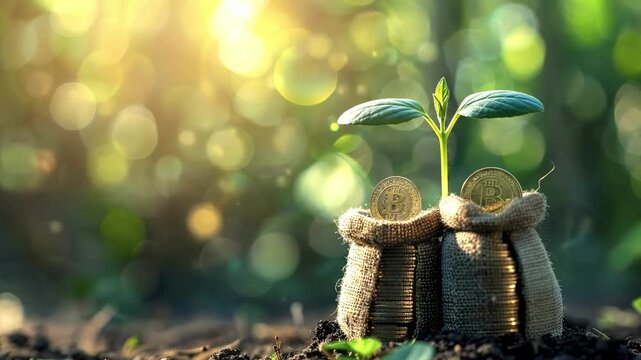 A green sprout emerges from soil between two small burlap sacks full of golden coins marked with a B symbol with a sunlit blurred green backdrop