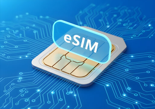 Futuristic eSIM card concept with glowing text on blue circuit board background