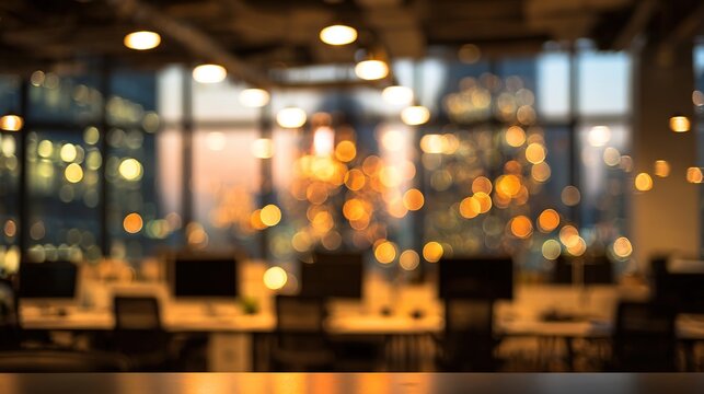 Blurred Evening Office Vista: Capturing the ambience of a modern office space as twilight descends, creating a serene, defocused view.