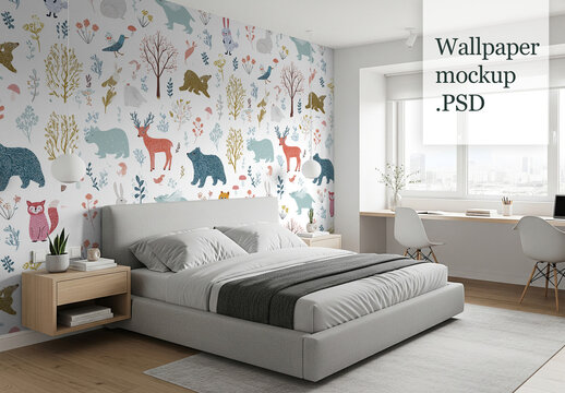 Bedroom wallpaper wall mockup