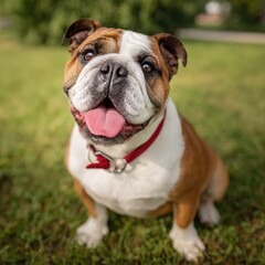 Obraz premium Happy bulldog portrait outdoors on green grass with red collar smiling