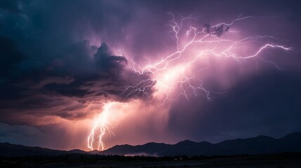Dramatic lightning strikes over dark mountains with vibrant purple sky creating a stunning and powerful natural spectacle