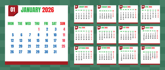 2026 calendar year grid with individual monthly pages isolated on transparent background