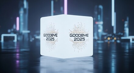 Illuminated cube with goodbye 2025 message in futuristic scene