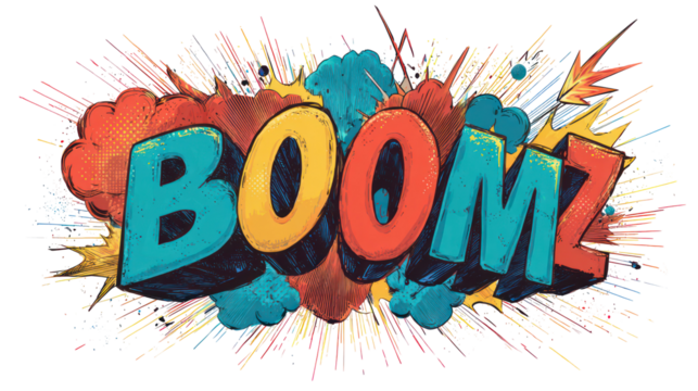 Comic book style boom explosion word art isolated on transparent background - Powered by Adobe