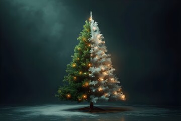 A Christmas tree, decorated in white on one side and green on the other, stood alone in the darkness.