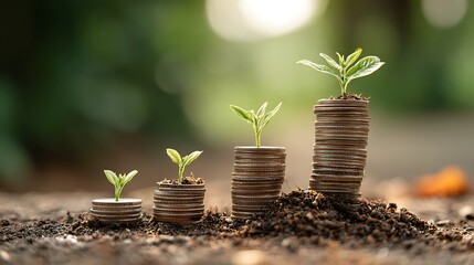Small plants growing from stacks of coins symbolizing financial growth and investment success