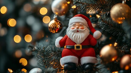 Obraz premium Festive Santa Claus figurine with Christmas tree ornaments and twinkling lights brings holiday cheer and a cozy atmosphere for seasonal campaigns