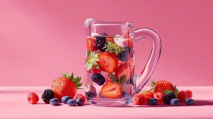 Refreshing mixed berry infused water in glass pitcher with ice cubes perfect for summer hydration on a vibrant pink background