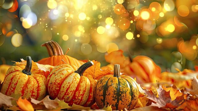 A group of assorted small pumpkins nestled in a bed of fallen autumn leaves with a warm golden bokeh background