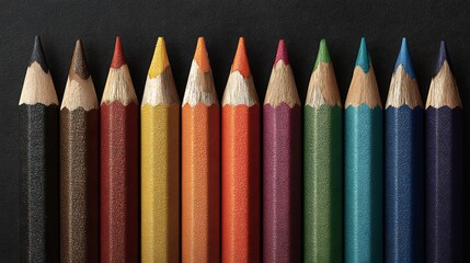 A close up overhead view of a row of sharpened colored pencils on a dark textured surface