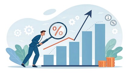 Obraz premium Businessman examining rising percentage rate on a bar chart with an upward trending arrow illustration