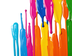 Close-up of vibrant, dripping paint, showcasing a spectrum of bold colors against a black backdrop