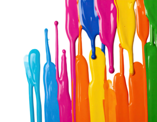 Close-up of vibrant, dripping paint, showcasing a spectrum of bold colors against a black backdrop