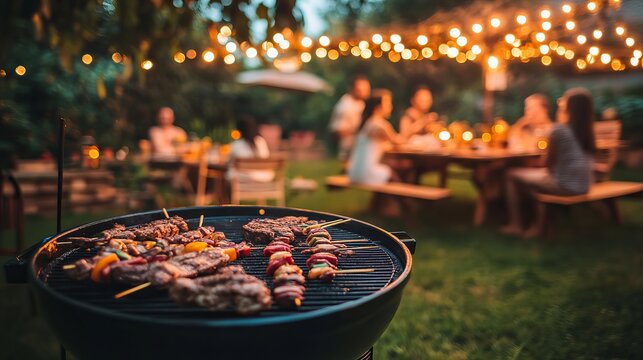 Backyard barbecue party with friends enjoying food, creating happy memories under warm glowing string lights, summer nights, festive gatherings - Powered by Adobe