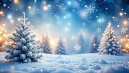 Obraz premium Winter wonderland celebration snow-covered trees festive outdoor landscape enchanting evening captivating holiday spirit with soft snowfall and bokeh lights