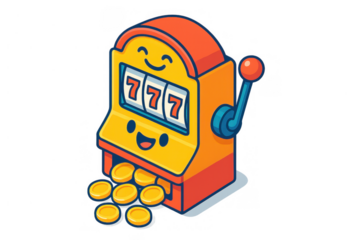 Cartoon slot machine with a happy face hitting a 777 jackpot, golden coins spilling out, representing luck and casino success. Transparent background