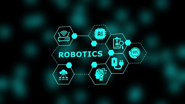 Neon digital concept illustrating Robotics through smart automation icons, AI processing units, cloud connectivity, and intelligent operational technology.