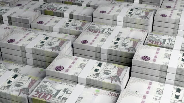 Saudi Arabia 200 Riyal Banknote Horizontal 3D Animation ? Realistic Currency Motion, Finance, Business Investment, Banking System, and Economic Growth Visualization