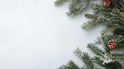 Elegant Christmas background of snowy pine branches and cones for festive designs or holiday promotions, perfect for winter celebrations and greetings