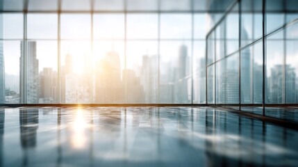 Fototapeta premium Urban Reflections: An expansive cityscape unfolds through the glass walls of a modern architectural marvel, where the world outside meets the sleek interiors, merging into a unified scene.