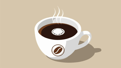 A white ceramic coffee cup filled with hot dark coffee, with steam rising and a coffee bean logo.