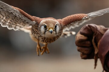 Falcon flying towards a falconer's glove