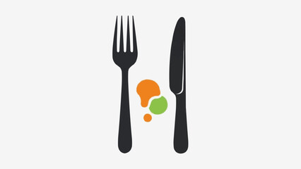A minimalist graphic illustration featuring a black fork and knife with colorful food splatters between them on a light background.