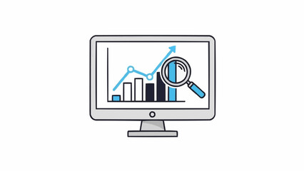 A computer monitor displaying a business growth chart with a magnifying glass for data analysis.