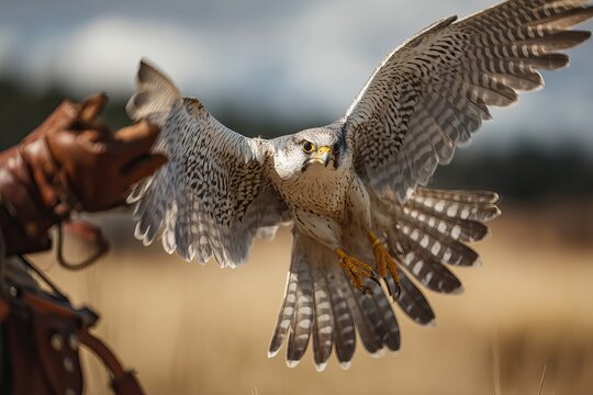 Falcon flying towards a falconer's glove