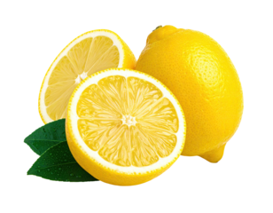 Close-up of cut and whole yellow citrus fruit with green leaves on black