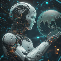 A futuristic robot gently holding and observing planet Earth, symbolizing technology, responsibility, and the future of humanity. Ideal for innovation spaces, science decor, and philosophical sci-fi w