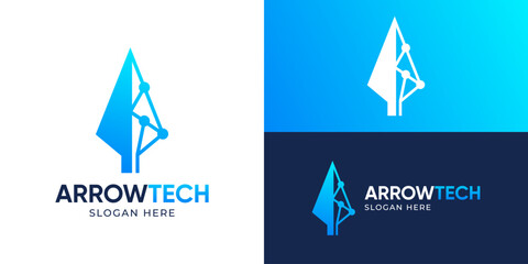 Creative simple arrow tech logo template. Arrow spearhead with technology symbol logo design vector illustration.