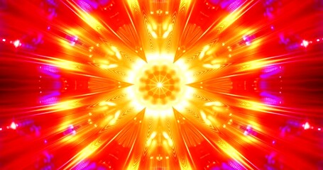 Kaleidoscopic display of radiant lights with orange red and purple hues in symmetric pattern 4k video