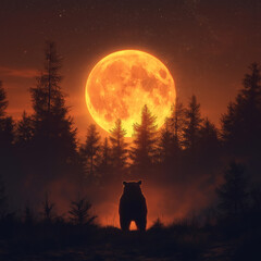 A massive blood-red moon rising behind dark pine trees with a lone figure silhouette.