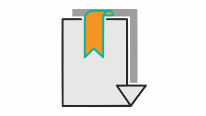 Flat design icon depicting two documents, one with an orange bookmark, and a downward arrow indicating download or save functionality.