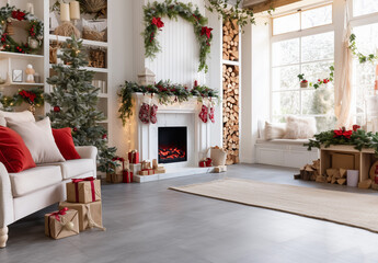 Cozy Christmas Living Room with Fireplace, Tree and Wrapped Gifts