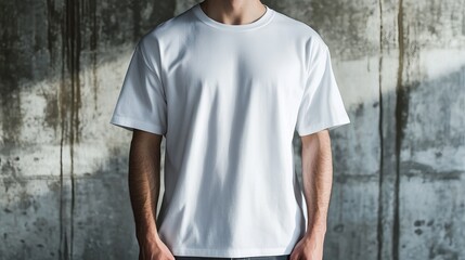 Showcase your designs on this modern blank white tee shirt against a raw concrete background for a powerful, versatile fashion statement