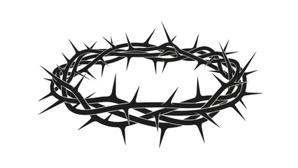 A crown of thorns is depicted formed by interwoven branches studded with sharp spikes against a white backdrop