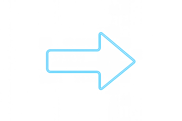 Blue neon glowing arrow sign pointing right, indicating direction, navigation, guidance, or next step, transparent background