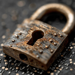 A close-up of an old rusty padlock, rich in metal textures and patina.