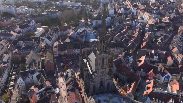 Aerial view of beautiful French city of Mulhouse in Alsace, France. Temple Saint-Etienne Cathedral at sunny winter day