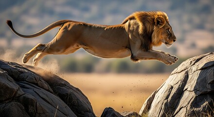 A wild African hunting dog predator with brown fur stands in the green grass of Serengeti National Park Tanzania among other wildlife mammals and carnivores in their natural nature habitat
