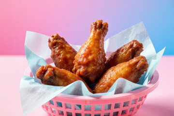 Golden fried buffalo chicken wing appetizer snack presented. Crisp spicy food pink basket, checkered paper lining. Perfect comfort meal for any party or gathering, savory sauce glistens
