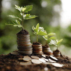Stacks of coins with fresh green seedlings growing from them, representing sustainable wealth, investment, and long-term growth. Perfect for offices, finance coaches, startups, and abundance-themed de