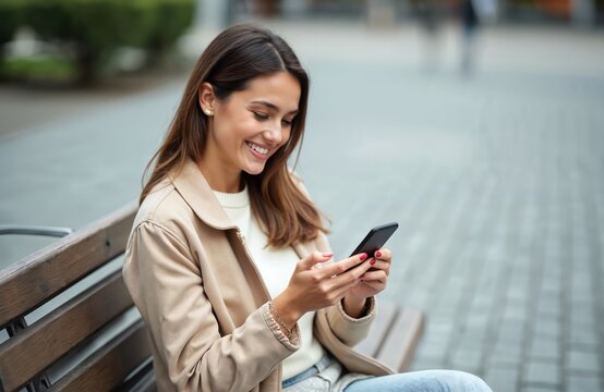 Young woman sits on park bench smiling while holding mobile phone. She is using credit card for online purchase. Happy shopper enjoys contactless payment on smartphone. - Powered by Adobe